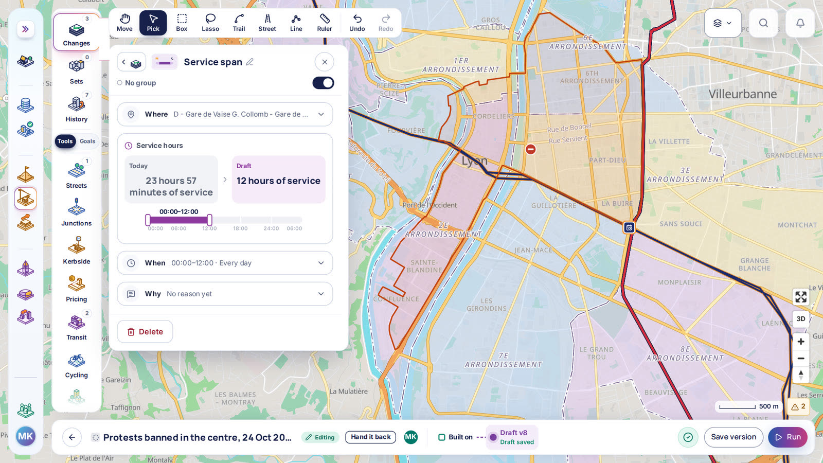 Metro D given no service from 12:00 and tram T4 from 16:40 in the scenario editor