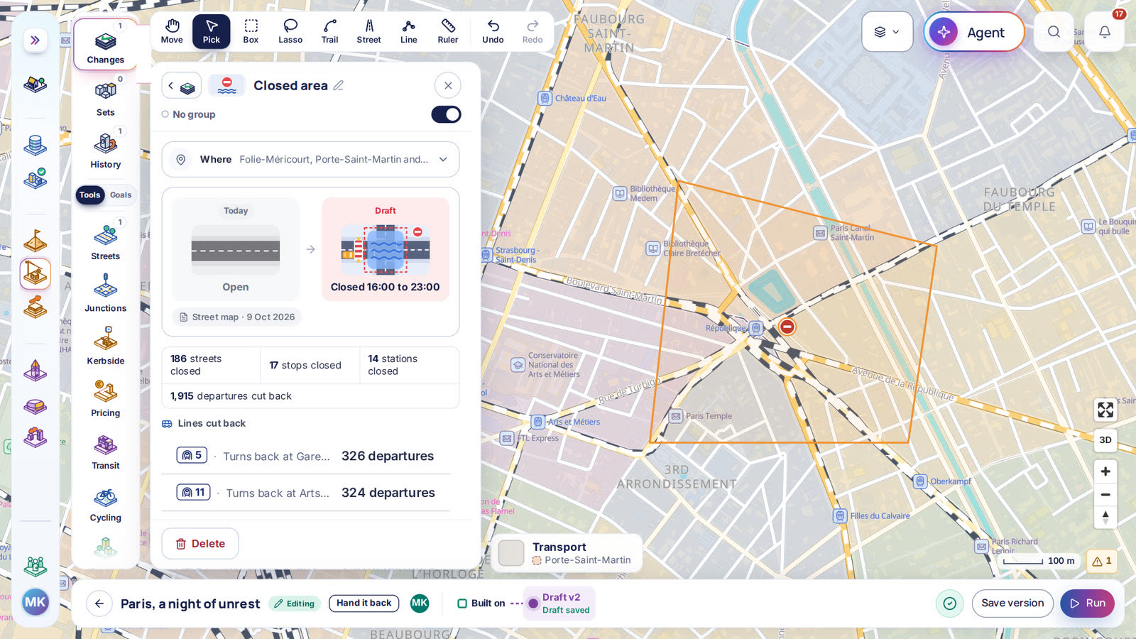 A Closed area drawn round Place de la République in the scenario editor, with the streets, stops and stations it shuts