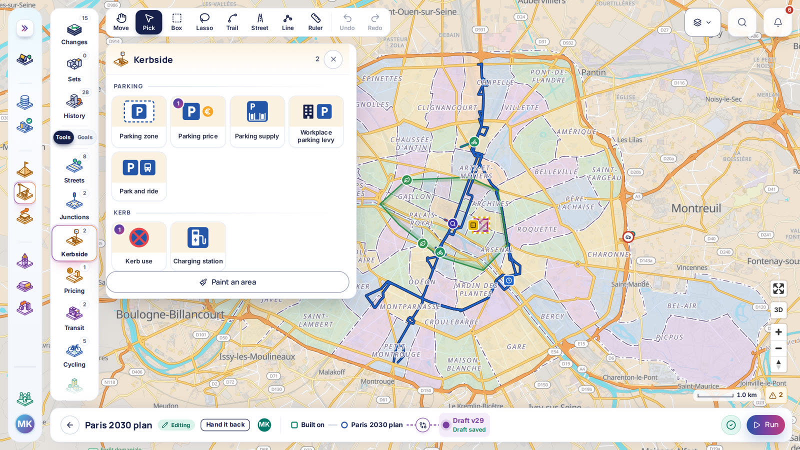 The Kerbside tools open over Paris in the scenario editor