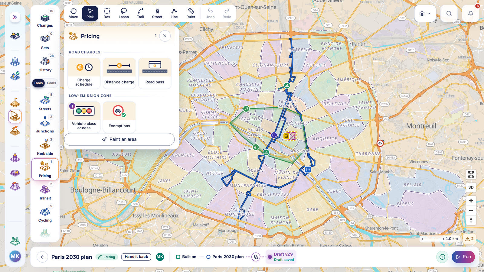 The Pricing tools open over Paris in the scenario editor