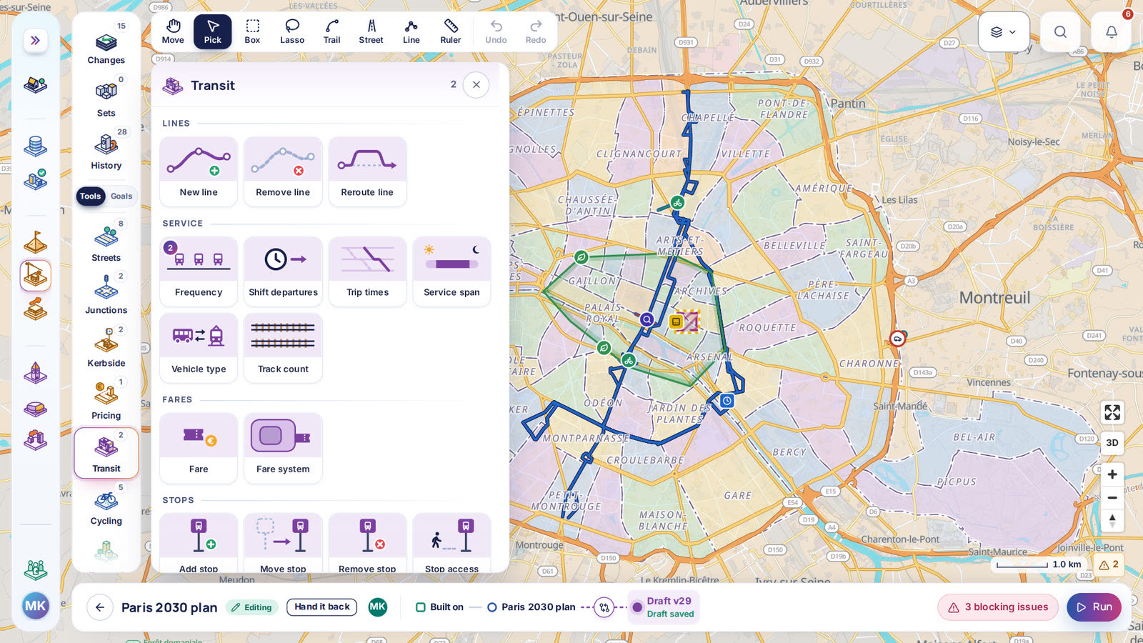 The Transit tools open over Paris in the scenario editor