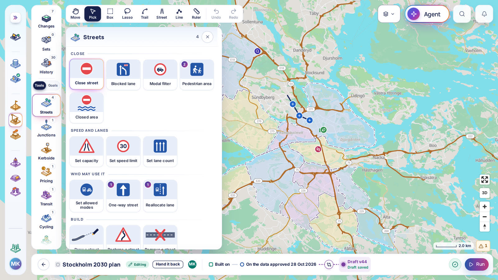 The Streets tools open over Stockholm in the scenario editor